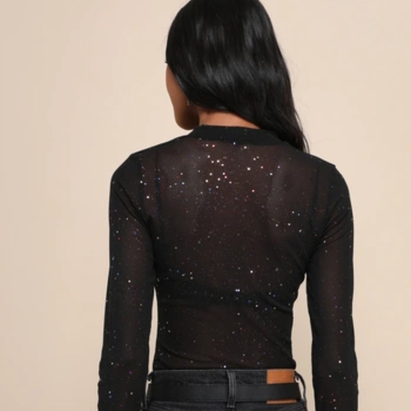 Lulu's Black Sheer Bodysuit with Glitter Accents, Long sleeves, High neck,  Sz M - Picture 2 of 9